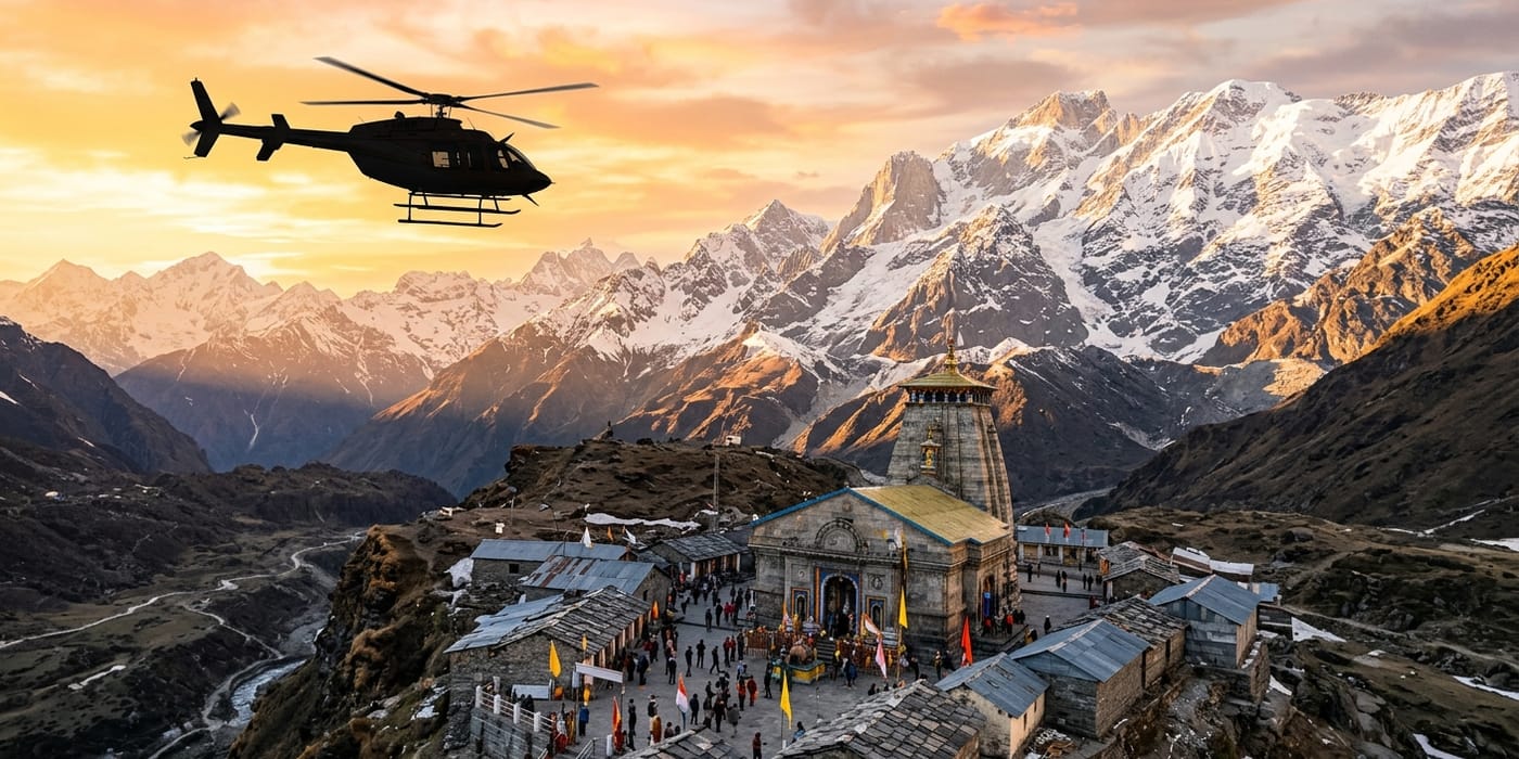 Helicopter flying over Kedarnath Himalayas